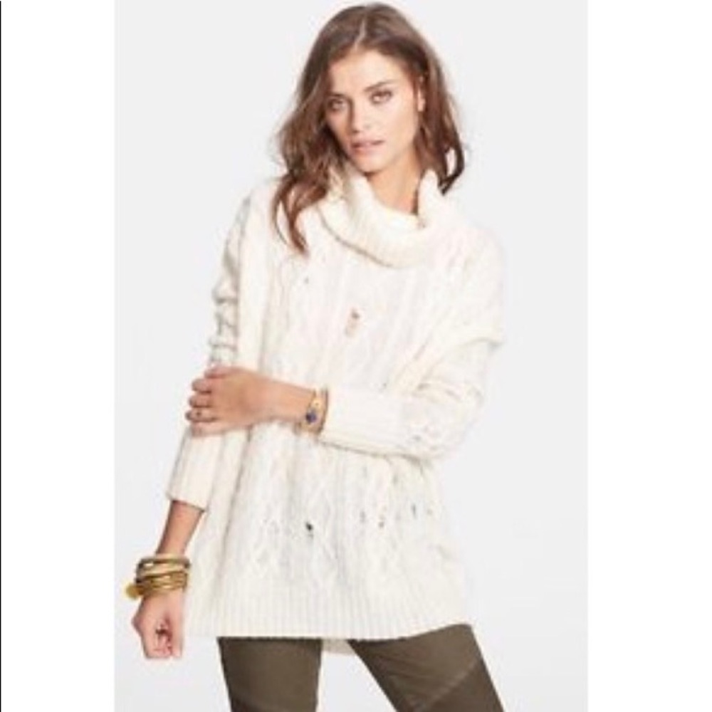 Free People Ivory Distressed Cowl Neck Sweater